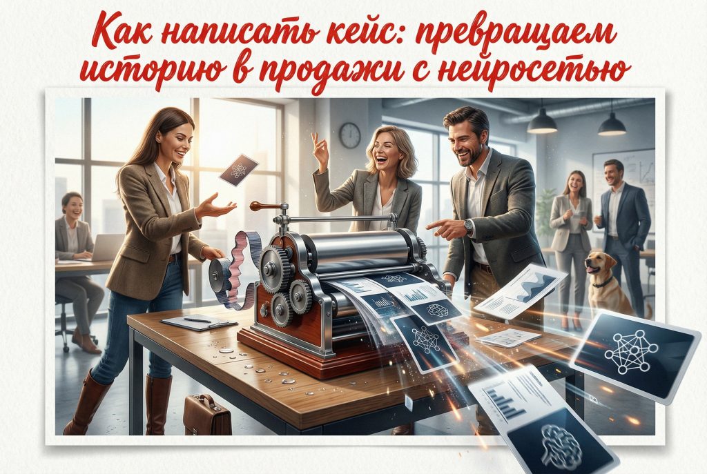 Иллюстрация процесса написания кейса для продаж с использованием нейросети
