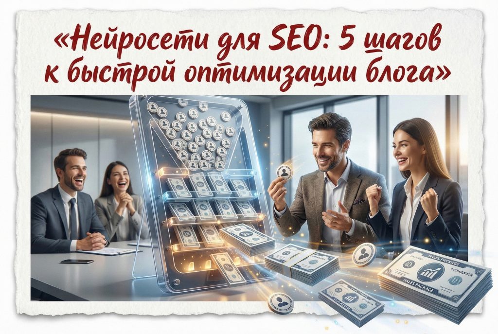 Иллюстрация алгоритма из 5 шагов для быстрой SEO-оптимизации блога с помощью нейросетей