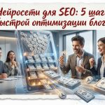 Иллюстрация алгоритма из 5 шагов для быстрой SEO-оптимизации блога с помощью нейросетей